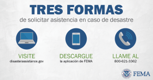 Three Ways to apply for disaster assistance. Visit disasterassistance.gov, download the fema app, or call 800-621-3362